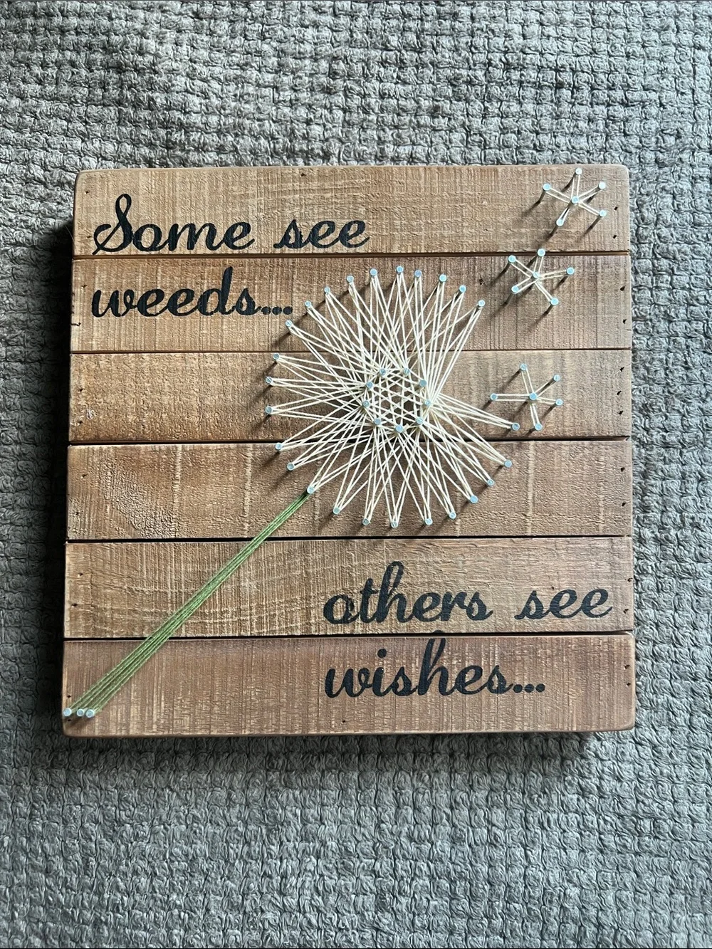 Primitives by Kathy Brown Wood Dandelion String Art with White and Green Thread